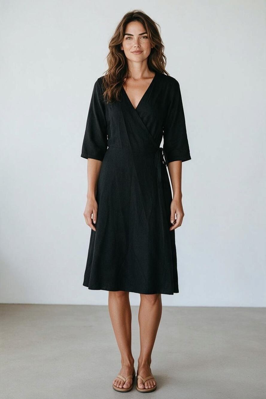 A7 Auth EILEEN FISHER Black 3/4 Sleeve V-neckline Classic Wrap Dress Size XS